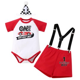 ODOLDI Infants Baby Boys 1st Birthday Racer Costume Outfits Race Car Driver Short Sleeve Costume Red and White 9-12 Months