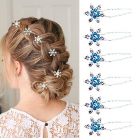6 Pcs Christmas Hair Clips for Women and Girls 67mm Crystals Bobby Pins Snowflake Rhinestone Bridal U-Shape Hair Clips (Blue)