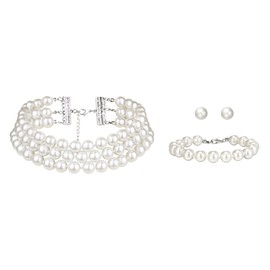 Clearine Elegant 1920s Round Cream Simulated Pearl Silver Plated 3 Strand Layered Choker Necklace Stud Earrings Link Bracelet Jewellery Set for Women Costume Cosplay Party Prom