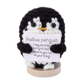 TOYMIS Funny Positive Penguin, 2.36 Inch Crochet Penguin Doll with Positive Card & Wood Base Knitted Penguin Support Crochet Toy Encouragement Emotional Gifts for Friends (Black)