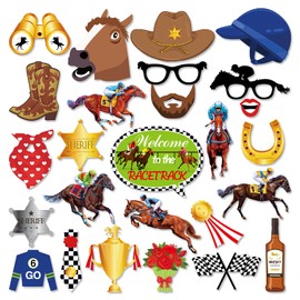 25Pcs Horse Racing Photo Booth Props with Stick Horse Racing Selfie Props Horses Racing Theme Selfie Props for Race Birthday Party Supplie