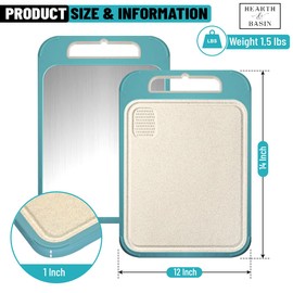 Stainless Steel Cutting Board, 14" x 11", 2 Sided Wheat Plate for Cutting Veggies and Steel for Meat, Scratch Resistant, Juice Groove, Non-Slip, Garlic Grater