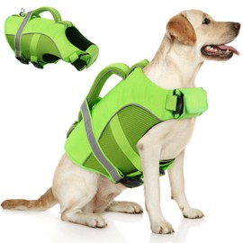 Queenmore Dog Life Jacket, Adjustable Ripstop Dog Life Vest for Swimming Boating, Dog Lifesaver with Superior Buoyancy and Rescue Handle, Dog Swimming Vest for Medium Dogs（Green,M）
