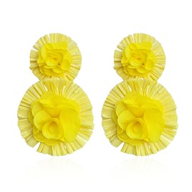 Vavhoo Raffia Flower Earrings Raffia Straw Wrapped Hot Pink Flower Drop Dangle Earrings Summer Tropical Beach Jewelry (Yellow)