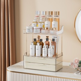 Delamu 2-Tier 2-Drawer Bathroom Organizer Countertop, Multi-Purpose Makeup Organizer Countertop, Large Skincare Organizers, Exquisite Vanity Organizer, Cream White