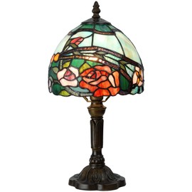 Bieye L10736 Rose Flower Tiffany Style Stained Glass Table Lamp with 8-inch Wide Lampshade, 15-inch Tall, Red