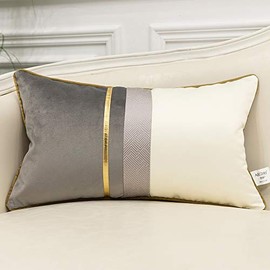 Avigers 12 x 20 Inches Gray White Gold Leather Striped Patchwork Velvet Cushion Case Luxury Modern Throw Pillow Cover Decorative Pillow for Couch Living Room Bedroom Car