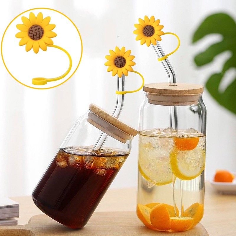 CustomyLife 5 Pcs 0.3inch Sunflower Straw Toppers Reusable Silicone Drinking