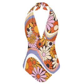 ELEDIZI Hippie Floral Swimsuits for Women One Piece Swimsuit Women Tummy Control Halter Top Swimsuits for Women One Piece V Neck Swimwear Tie Back High Waisted Slimming Beach Wear for Women,Size L