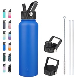 BJPKPK Insulated Water Bottles with Straw Lid, 40oz Stainless Steel Metal Water Bottle with 3 Lids, Reusable Thermo, Keep Cold Hot for Sports, Gym-Sapphire