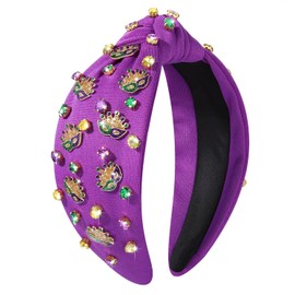 boderier Mardi Gras Headband for Women Glitter Mask Headband Jeweled Crystal Embellished Knotted Headband Fat Tuesday Carnival Hairband Hair Accessories Party Decorations (Mask-Purple)