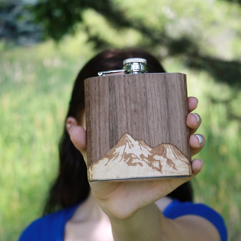Laser Engraved Wooden Hip Flask - 6 oz. Stainless Steel,