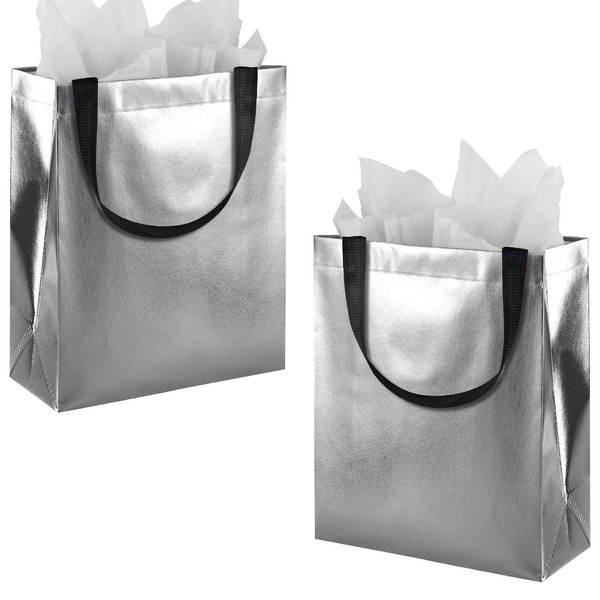 BLEWINDZ Sparkle Gift Bags with Tissues, Reusable Gift Bags Medium size - Perfect as Goodie Bags, Birthday Gift Bag, Party Favor Bags, Christmas Gift Bags (Silver)