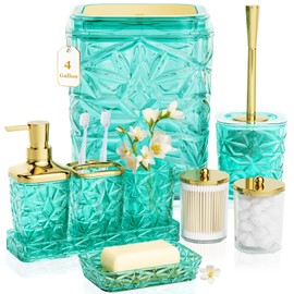 Bathroom Accessory Set, 9-Piece Teal Bathroom Set with Trash Can, Toilet Brush, Soap Dispenser, Soap Dish, Toothbrush Holder, Tumbler, Q-tip Holders & Tray, for Hotel/Apartment, Housewarming Gift