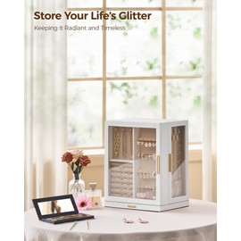 Glimmloop 360° Rotating Jewelry Box with 5 Drawers, Spacious Vertical Jewelry Organizer with Glass Window, Jewelry Storage Case, Dustproof & Moisture-resistant Design, White