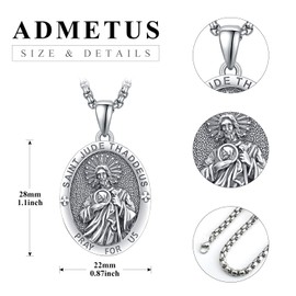 ADMETUS St Jude Necklace for Men 925 Sterling Silver Oval Saint Jude Necklace San Judas Tadeo Jewellery Religious Gifts