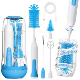 Electric Bottle Brush Cleaner, Portable Rechargeable Baby Bottle Cleaner Kit for Travel with Silicone Nipple & Straw Brush, Drainage Rack, Storage Box(Sky Blue)