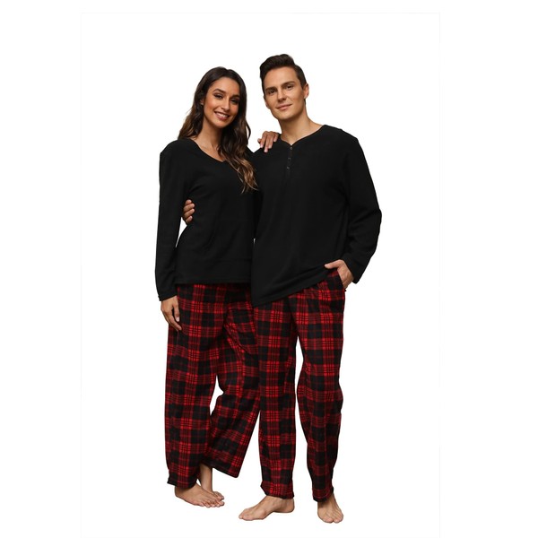 U2SKIIN Mens Pajama Set, Plaid Pajamas for men Long Sleeve Sleepwear Warm Pjs Set with Pockets(Black/Red-Black Plaid, L)