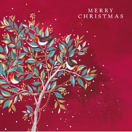 Ling Design Robins Decorating Tree - Festive Art Premium Gold Foil Finished Pack of 6 Xmas Charity Christmas Cards