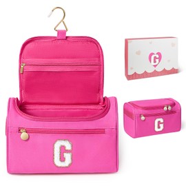 COSHAYSOO Unique Travel Gifts for Women Must Have Vacation Essentials Toiletries Accessories Bag Traveller Flight Traveling Necessities, Large Hanging Toiletry Case with Compartment Hot Pink Letter G