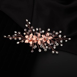 Teyglen Bridal Wedding Hair Clip Hairpin Flower Crystal Side Hair Clip Rose Gold Floral Rhinestone Hair Barrette Headpieces Bride Hair Accessories for Women Girls (Rose Gold)
