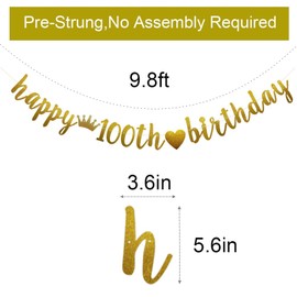 Happy 100th Birthday Banner, Pre-Strung,Gold Glitter Paper Garlands for 100th Birthday Party Decoratiopns Supplies, Letters Gold,ABCpartyland