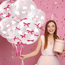 Hungdao 20 Sets Pink Bow Balloons Clear Bobo Balloons with Pink Ribbon Bows Coquette Balloons for Bow Birthday Decorations Bachelorette Party Engagement Bridal Baby Shower Decor (10", 18", 20", 24")