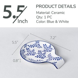 Magclay Porcelain Spoon Rest, 5.5" Ceramic Spoon Holder for Stove Top and Kitchen Counter, Blue and White Utensil Rest with Leaf Pattern, Great Cooking Gifts for Friends, Vintage Kitchen Decorative