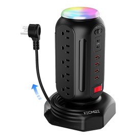 Multiple Plug PD 30W Fast Charing Power Strip, with Surge Protector, RGB Night Light, 15 Outlets Power Tower, 2 Type C and 4 USB Ports, Space Saving, Retractable Extension Cord 6.5ft for Home (Black)