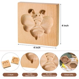 Carved Wooden Cookie Mold, Baking Embossing Cookies Stamp Mold Cutter Funny 3D Honeybee Cookie Mold Wood Honeycomb Cookie Mold for Christmas Kitchen DIY Baking Tools (Bee, Honeycomb)