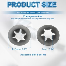 PATIKIL M6 Star Internal Tooth Lock Washers, 150 Pcs Push on Retaining Clips Manganese Steel Quick Speed Locking Washers for Fastening, Black