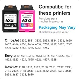 High Yield 63 Black/Tri-Color Ink,Compatible for HP 63 63XL Ink Cartridge Combo Pack, Work for Envy 4520 4522 3634 OfficeJet 3830 4650 5252 5258 DeskJet 3636 1111 3630 1112 3637 Printer