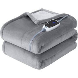Sealy Electric Throw Blanket, Flannel & Sherpa Heated Throw with 6 Heating Levels & 2-10 Hours Auto Shut Off, Fast Heating & Machine Washable, 50x60 Inch, Light Grey