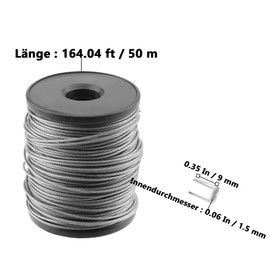 NAMYEUT Stainless Steel Rope, 50m x 1.5mm, Hanger Wire, Picture Frame, Hanging Wire with Aluminium Crimping Loop Sleeve, Silver