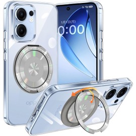 OPPO Reno13 A Case, Clear, Multi-functional 360 Degree Rotating Stand, Equipped with Magnet, Angle Adjustment, Supports Both Vertical and Horizontal, Oppo Leno 13A Cover, With Ring, Shockproof, TPU
