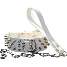 haoyueer 2 inches Wide Leather Spiked Studded Dog Collar+Chain Leash Set Heavy Duty Fit Pitbull, Bulldog, Doberman(White,M)