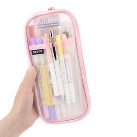 EASTHILL Grid Mesh Pen Pencil Case with Zipper Clear Makeup Color Pouch Cosmetics Bag Multi-Purpose Travel School Teen Girls and Boys Transparent Stationary Bag Office Organizer Box for Adluts(Pink)