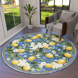 TIISAIHANA Area Round Rug for Living Room 3 Ft, Vintage Lemon Flower Blue Bohemian Style Texture Print Microfiber Rugs, Non-Slip Carpet for Bedroom Study Office Home Decor