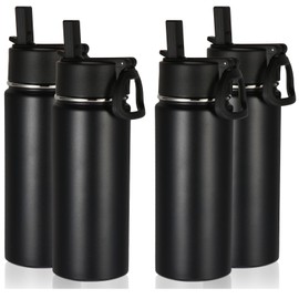 Volhoply 16 OZ Kids Water Bottle Bulk 4 Pack,Insulated Sports Bottles with Straw Lid,Stainless Steel Bottle with Handle Keep Cold & Hot,Double Wall Vacuum Tumbler Cups for School,Girls(Black, 4)