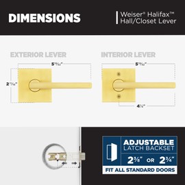 Weiser Halifax Satin Brass Door Handle, Reversible Passage Lever, Interior Door Handles for Hall and Closet Door, Non-Locking Hall/Closet Door Handles, Modern Home Décor