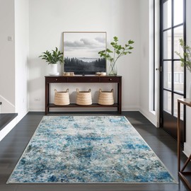 AUKOW Modern Abstract Washable Area Rugs - 3x5 Contemporary Soft Mat Stain Resistant Non Slip Low Pile Indoor Throw Rug for Bedroom Kitchen Office Chair Desk - Grey/Blue