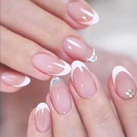 Almond French False Nails - 24PCS Press on Nails with Silver Glitter - Elegant French False Nails with Glue - Glossy Full Cover Glue Stick on Nails Fake Nails - DIY Nail Art Gifts for Women Girls