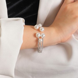 Chamqueen Adjustable Rhinestone Bracelet Classical Pearl Bracelet Bangle for Women Girls Jewelry Type11