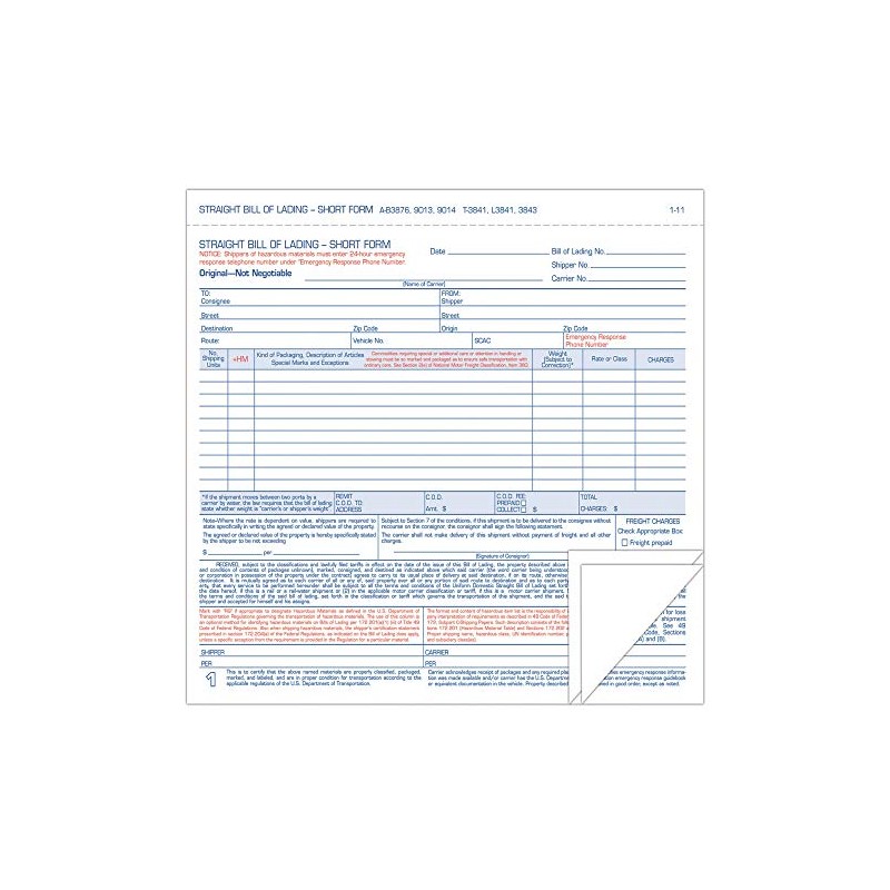 Hazardous Material Short Form, 7 x 8 1/2, Three-Part Carbonless,
