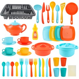 deAO 41PCS Kids Play Dishes Pretend Play Kitchen Set for Kids Children Tableware Dishes Playset with Drainer - Play Kitchen Accessories for Girls Boys Kids
