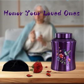 Large Cremation Urns for Human Ashes Adult Up to 220 Lbs, Decorative Memorial Funeral Burial Urn for Ashes Male Female, Stainless Steel Keepsake Urn with 1pcs Necklace (Large Purple Hummingbird)
