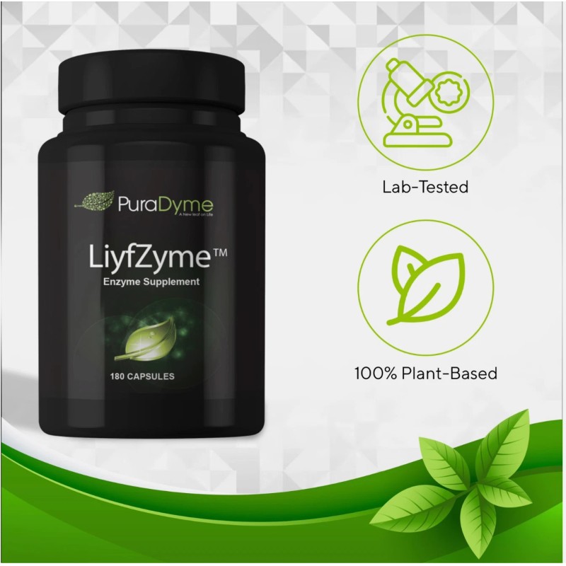 PuraDyme LiyfZyme Plant-Based Digestive Enzyme, Digestive Health Support 180 Cap