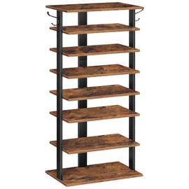 HOOBRO 8 Tiers Vertical Shoe Rack, Wooden Shoe Storage Organizer with Hooks, Narrow Shoe Tower for 16 Pairs, Space Saving, for Entryway, Living Room, Bedroom, Rustic Brown BF750XJ01
