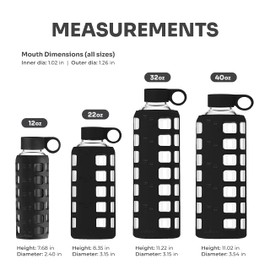 purifyou 40/32/22/12 oz Borosilicate Glass Water Bottles with Volume Markers, Silicone Sleeve, Stainless Steel Lid, Reusable Bottle for Water, Juice, Gym, and Fridge Storage (40oz Jet Black)