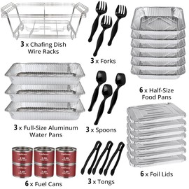 Disposable Chafing Dish Buffet Set, 33 Piece of Chafing Servers with Food Warmers, Covers, Half-Size Food Pans, Water Trays, Serving Utensils, Foil Lids and 4Hr Fuel Cans for Parties, Catering